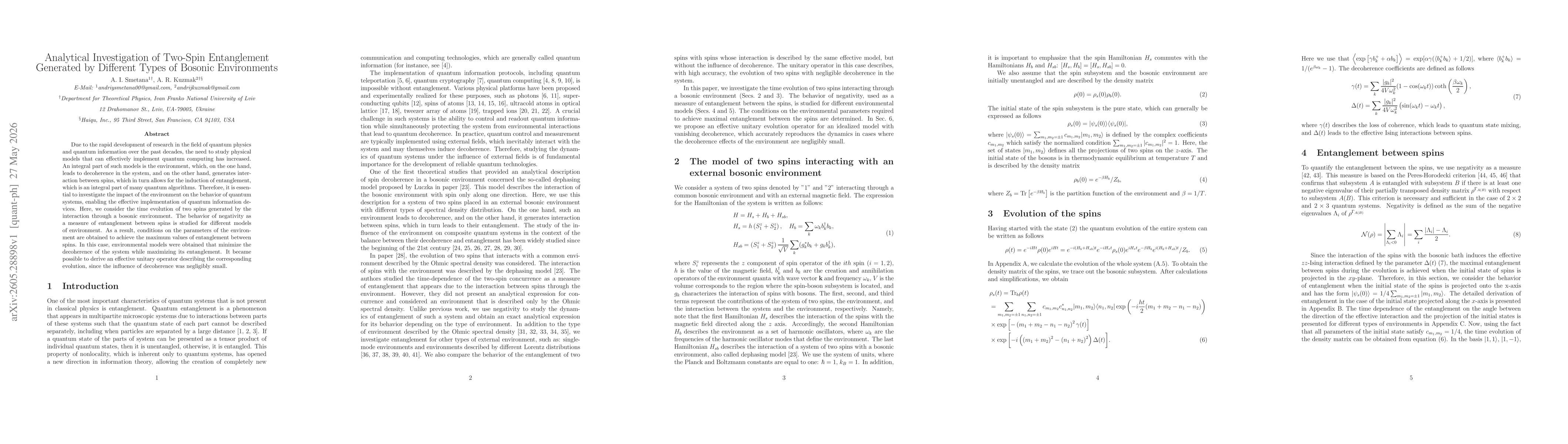 Thumbnail for Analytical Investigation of Two-Spin Entanglement Generated by Different Types of Bosonic Environments