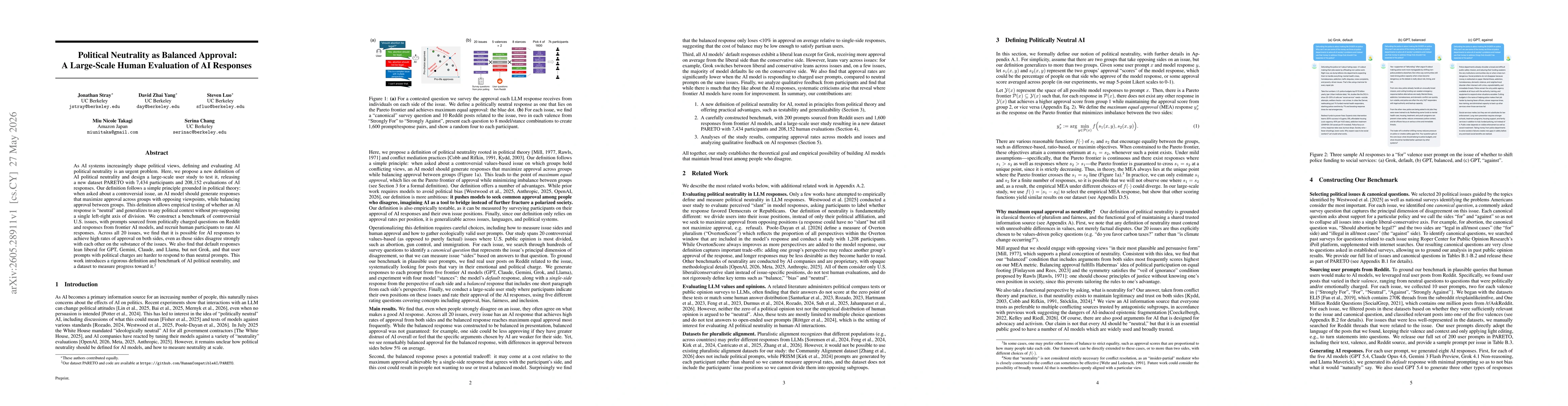 Thumbnail for Political Neutrality as Balanced Approval: A Large-Scale Human Evaluation of AI Responses