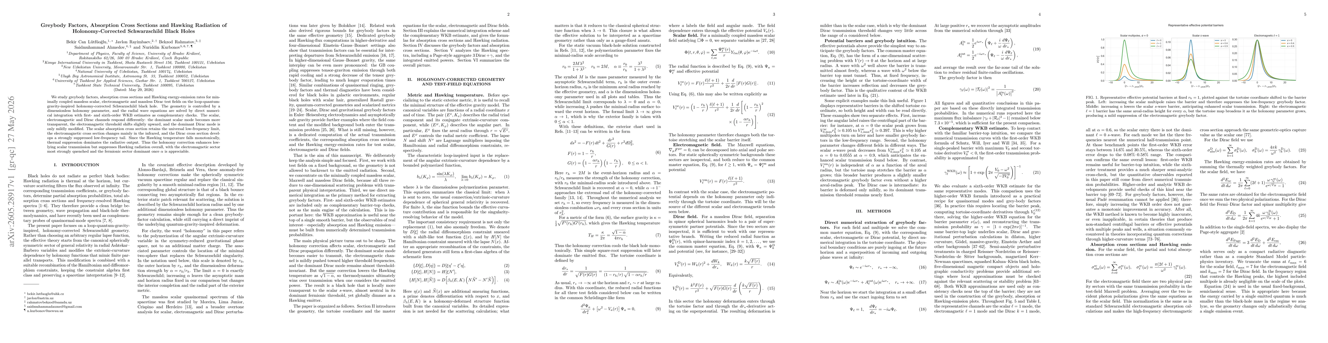 Thumbnail for Greybody Factors, Absorption Cross Sections and Hawking Radiation of Holonomy-Corrected Schwarzschild Black Holes