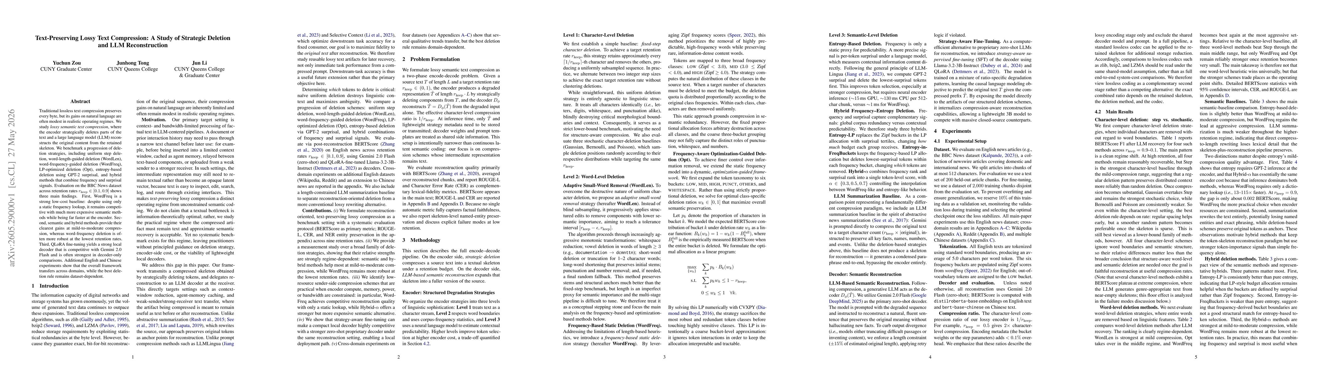 Thumbnail for Text-Preserving Lossy Text Compression: A Study of Strategic Deletion and LLM Reconstruction