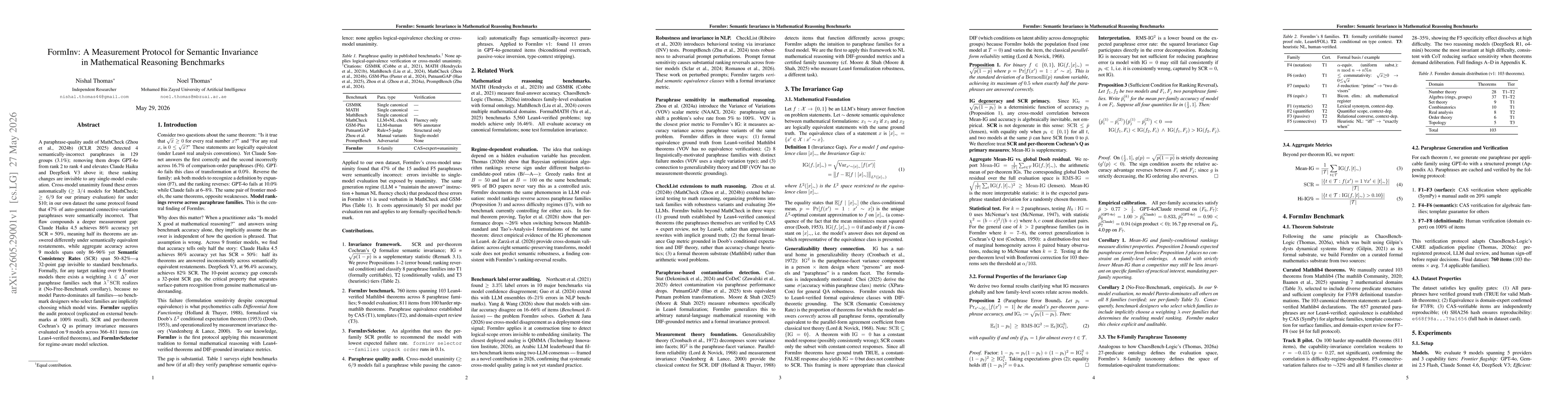 Thumbnail for FormInv: A Measurement Protocol for Semantic Invariance in Mathematical Reasoning Benchmarks