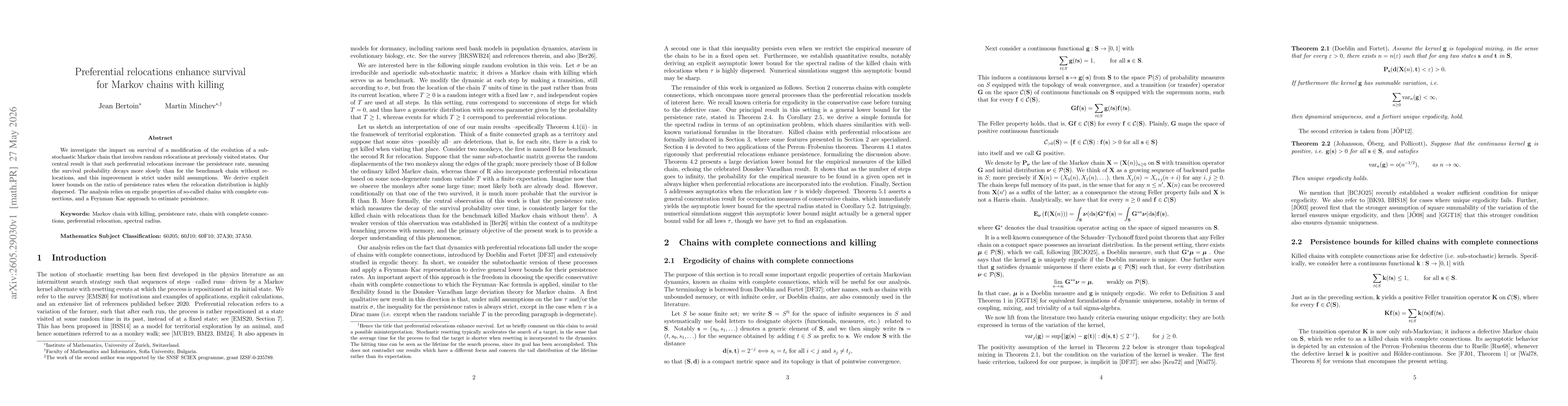 Thumbnail for Preferential relocations enhance survival for Markov chains with killing