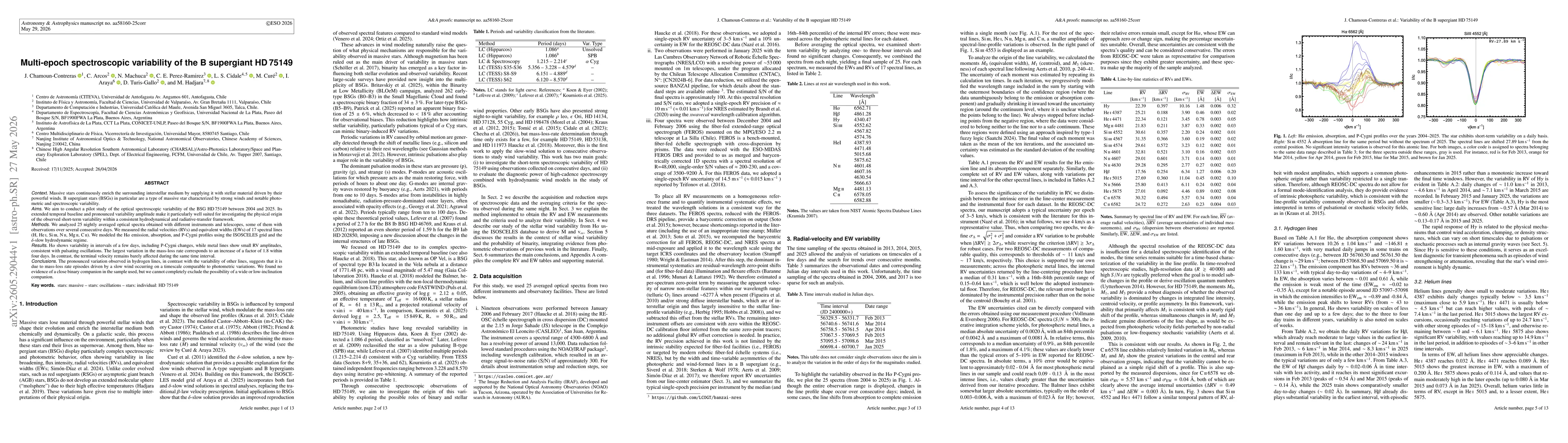 Thumbnail for Multi epoch spectroscopic variability of the B supergiant HD75149