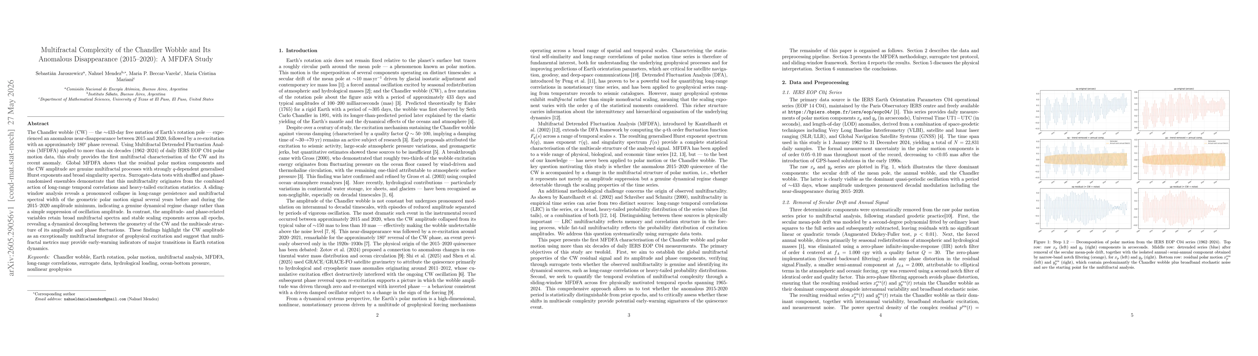 Thumbnail for Multifractal Complexity of the Chandler Wobble and Its Anomalous Disappearance (2015--2020): A MFDFA Study