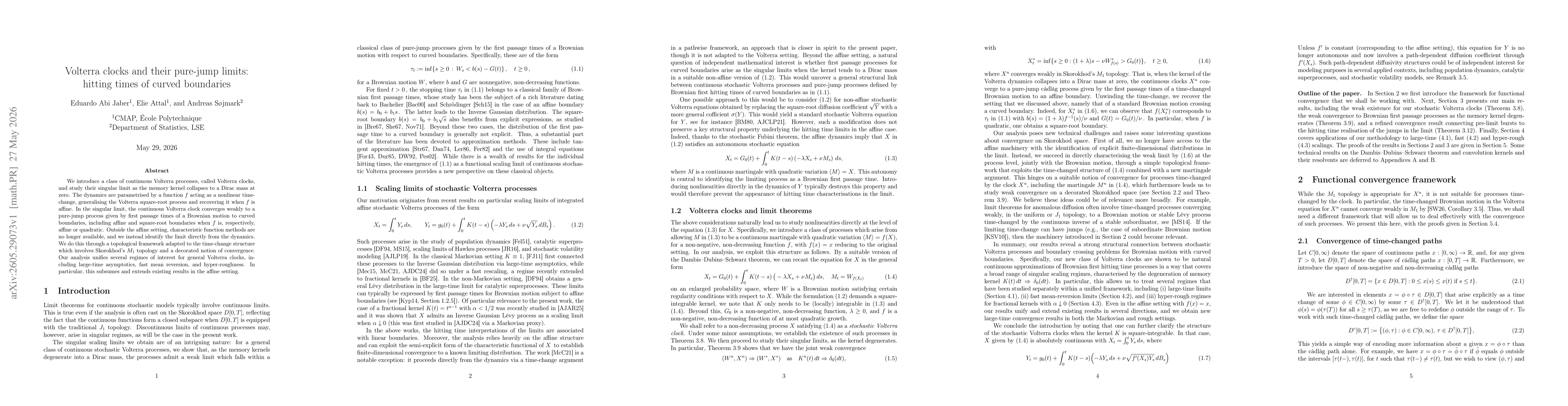 Thumbnail for Volterra clocks and their pure-jump limits: hitting times of curved boundaries
