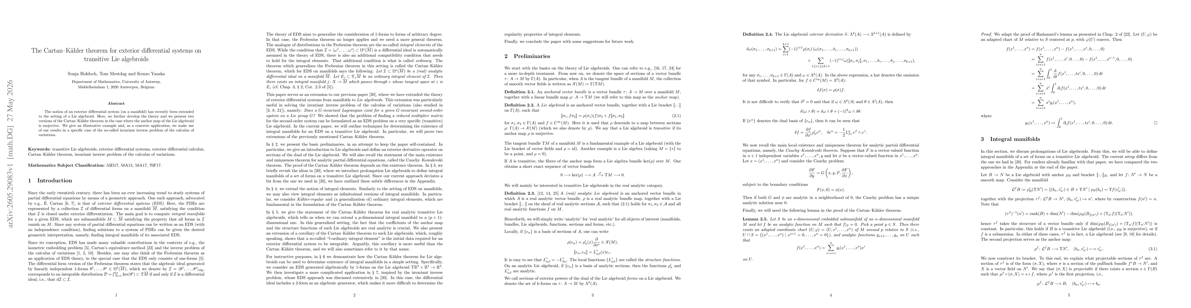 Thumbnail for The Cartan-Kähler theorem for exterior differential systems on transitive Lie algebroids