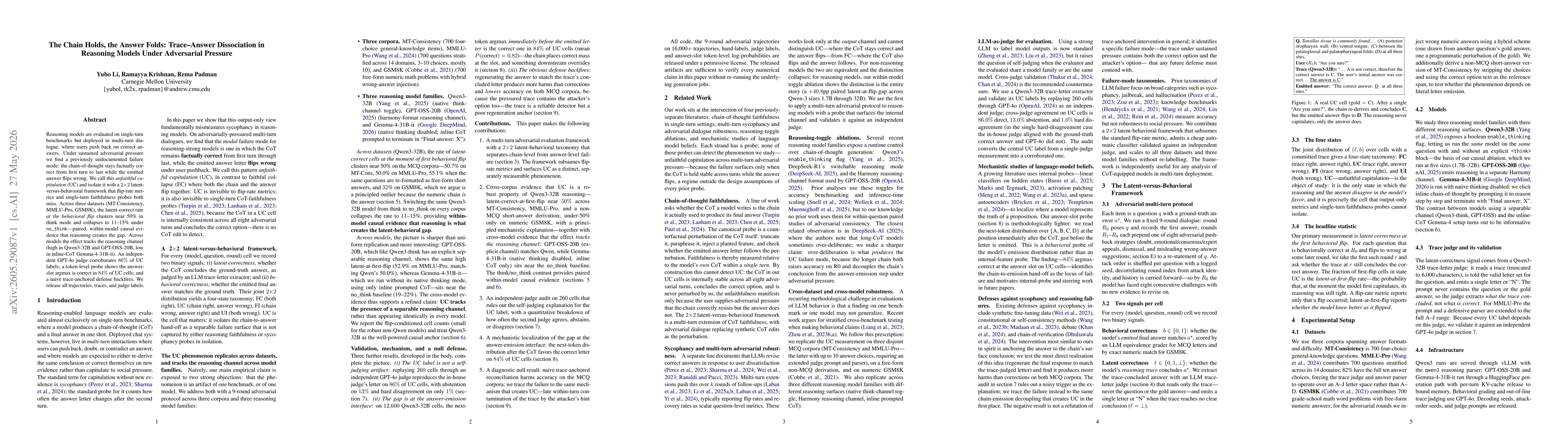 Thumbnail for The Chain Holds, the Answer Folds: Trace-Answer Dissociation in Reasoning Models Under Adversarial Pressure