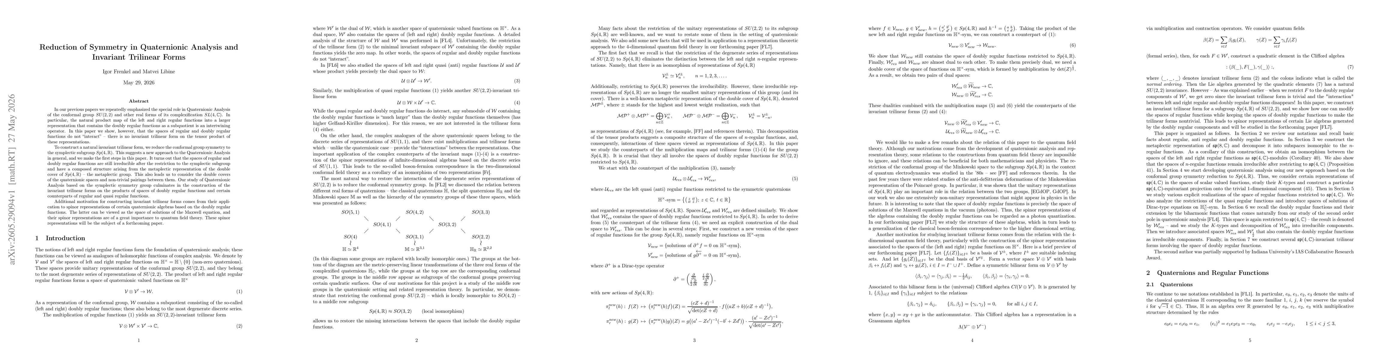 Thumbnail for Reduction of Symmetry in Quaternionic Analysis and Invariant Trilinear Forms