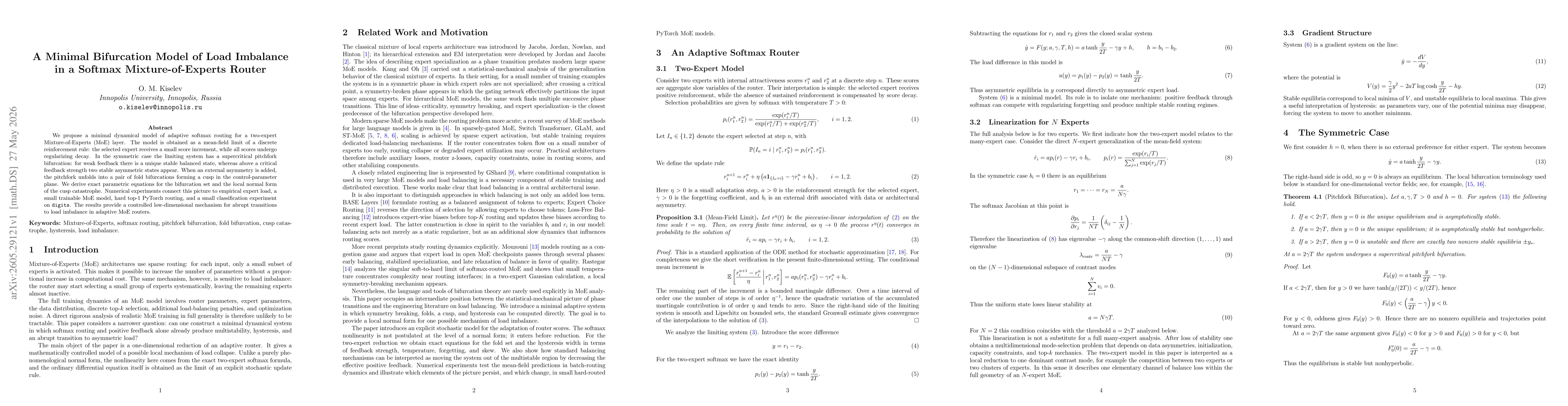 Thumbnail for A Minimal Bifurcation Model of Load Imbalance in a Softmax Mixture-of-Experts Router