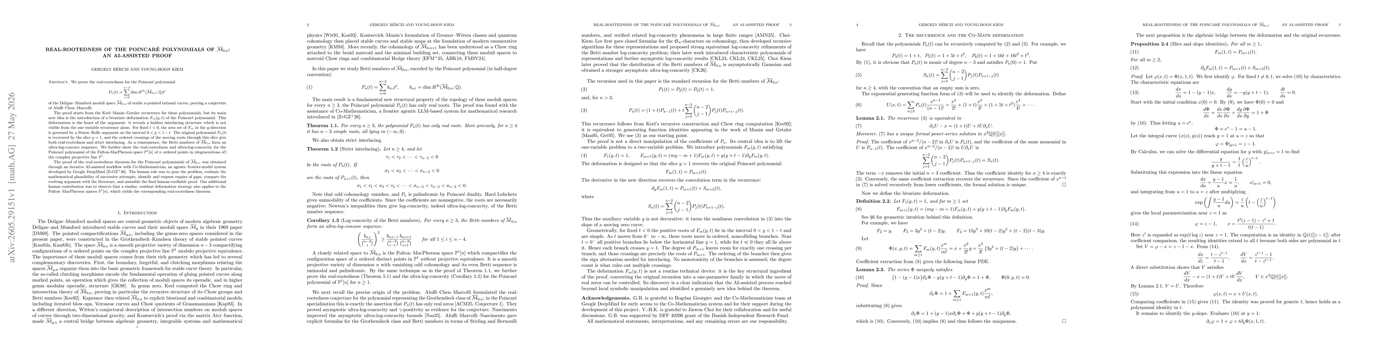 Thumbnail for Real-rootedness of the Poincaré polynomials of $\overline{\mathcal M}_{0,n}$: an AI-assisted proof