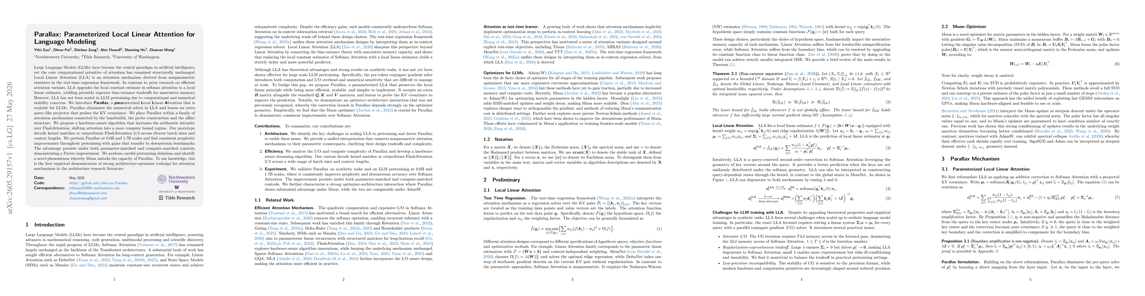 Thumbnail for Parallax: Parameterized Local Linear Attention for Language Modeling
