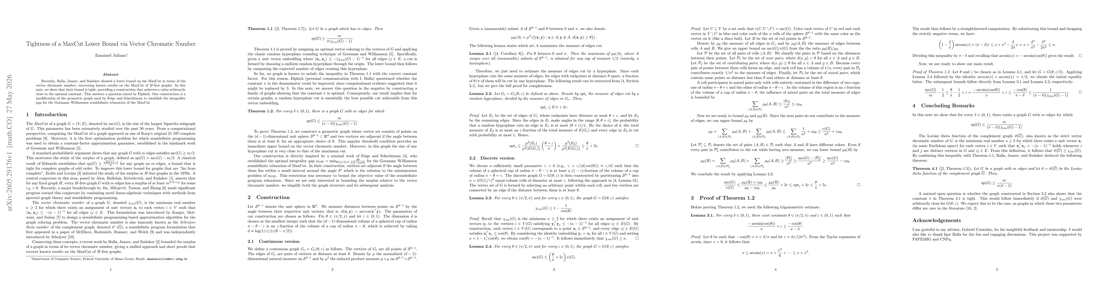 Thumbnail for Tightness of a MaxCut Lower Bound via Vector Chromatic Number