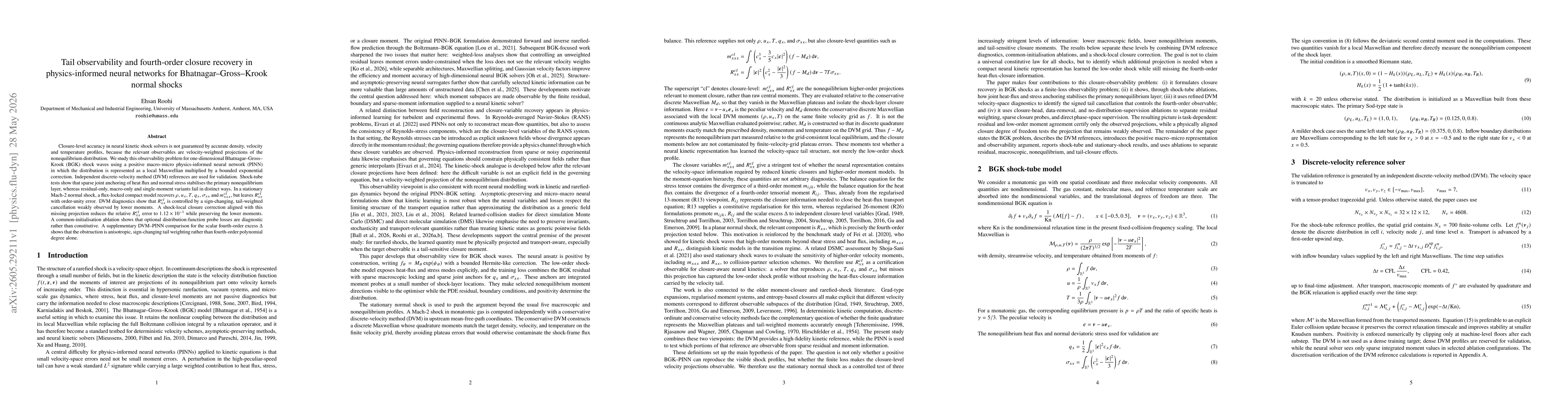 Thumbnail for Tail observability and fourth-order closure recovery in physics-informed neural networks for Bhatnagar-Gross-Krook normal shocks