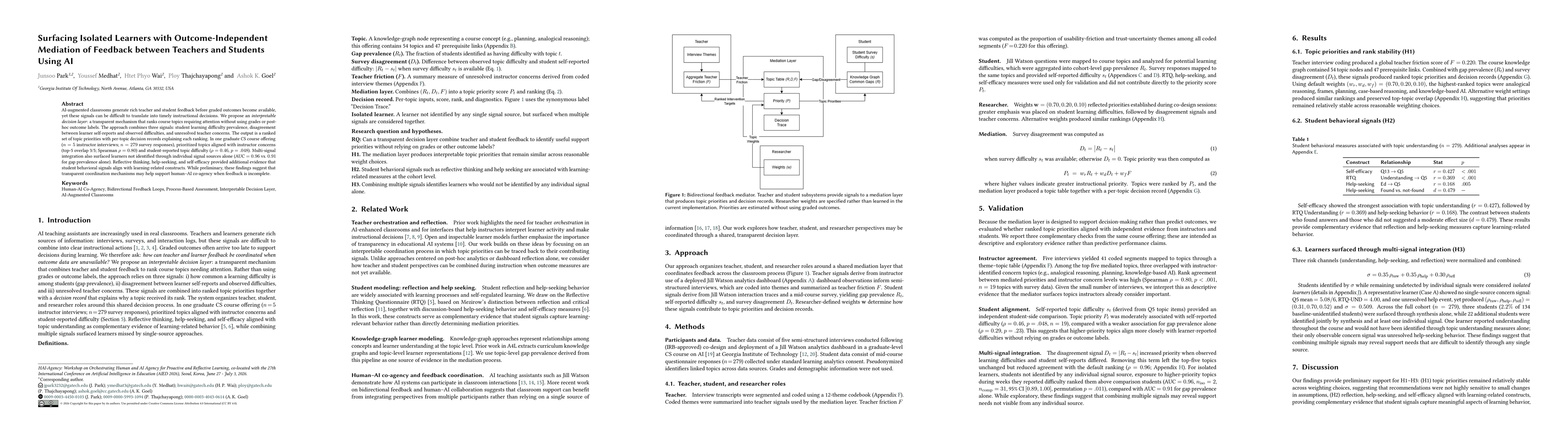 Thumbnail for Surfacing Isolated Learners with Outcome-Independent Mediation of Feedback between Teachers and Students Using AI