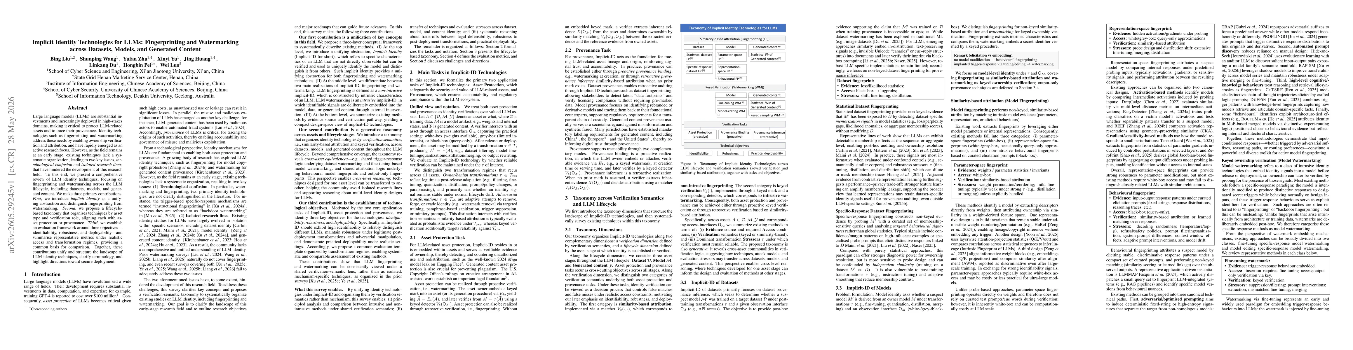 Thumbnail for Implicit Identity Technologies for LLMs: Fingerprinting and Watermarking across Datasets, Models, and Generated Content