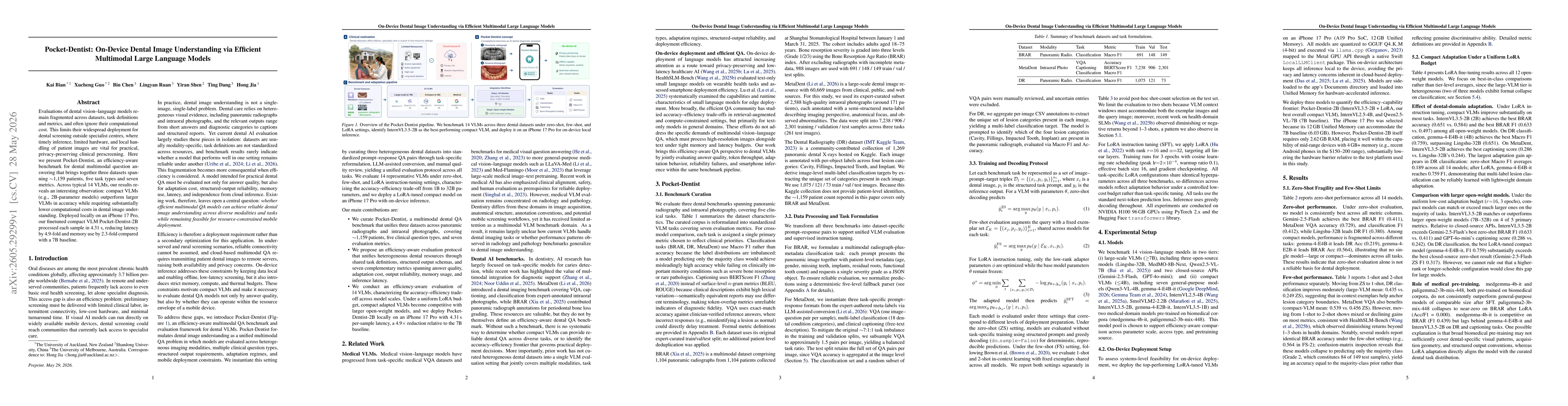 Thumbnail for Pocket-Dentist: On-Device Dental Image Understanding via Efficient Multimodal Large Language Models