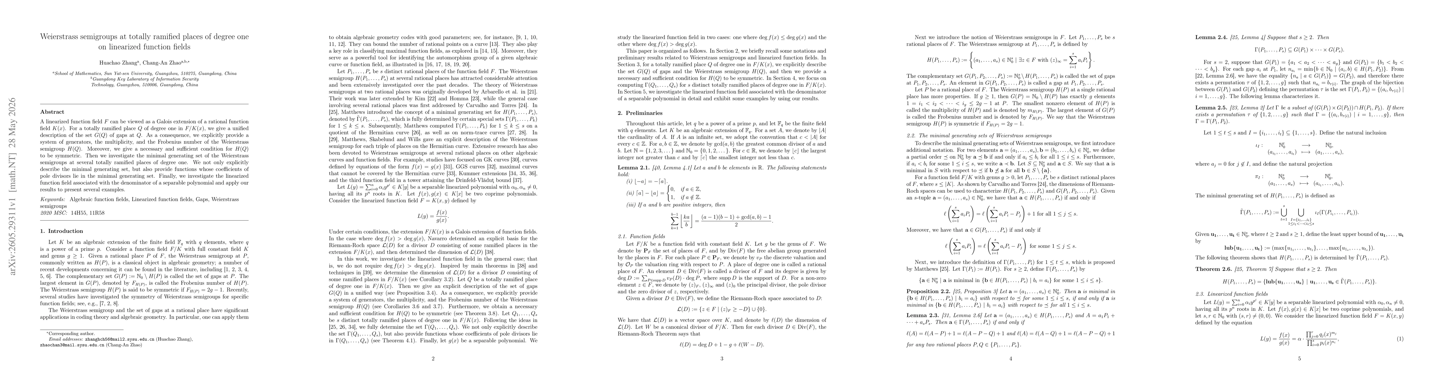 Thumbnail for Weierstrass semigroups at totally ramified places of degree one on linearized function fields