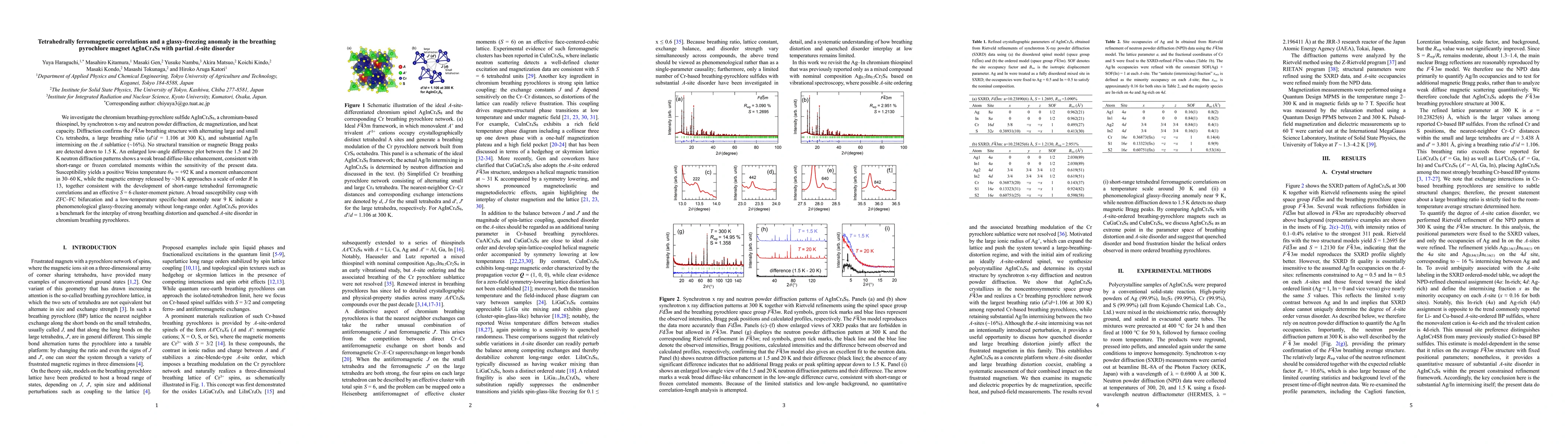 Thumbnail for Tetrahedrally ferromagnetic correlations and a glassy-freezing anomaly in the breathing pyrochlore magnet $\mathrm{AgInCr_4S_8}$ with partial $A$-site disorder