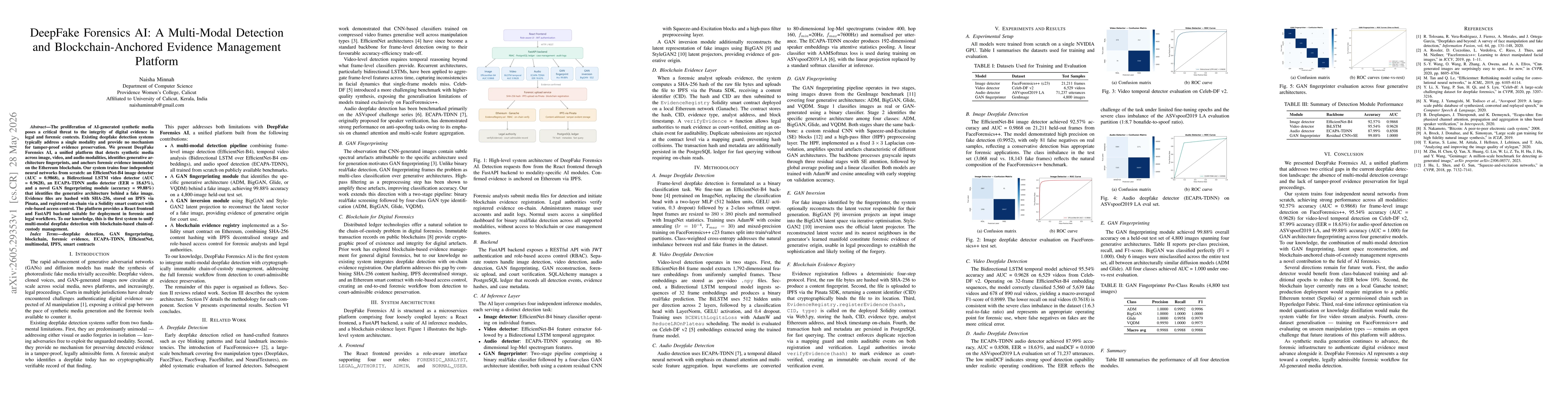 Thumbnail for DeepFake Forensics AI: A Multi-Modal Detection and Blockchain-Anchored Evidence Management Platform