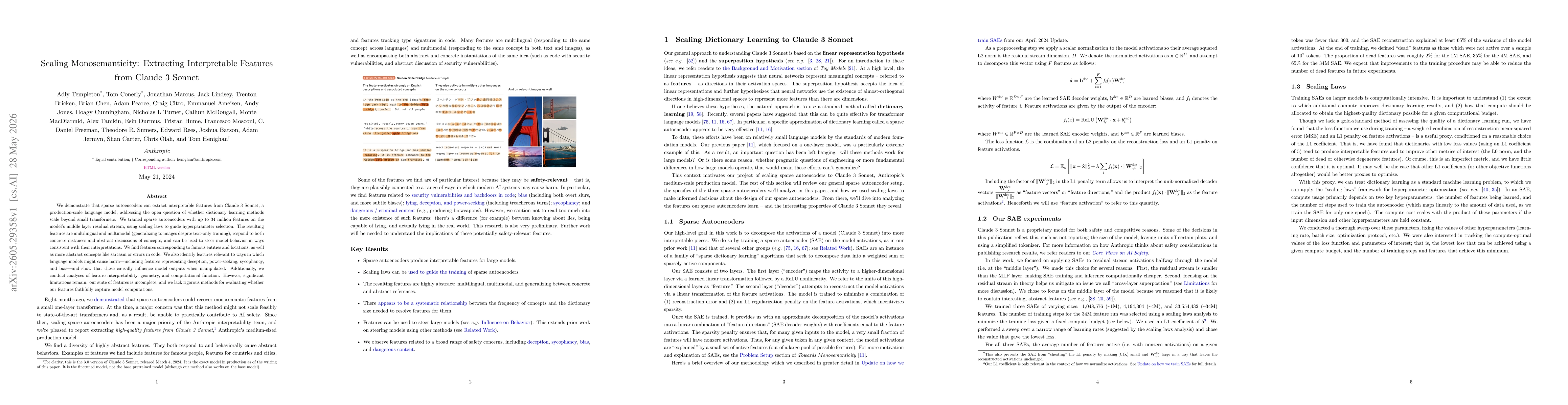 Thumbnail for Scaling Monosemanticity: Extracting Interpretable Features from Claude 3 Sonnet