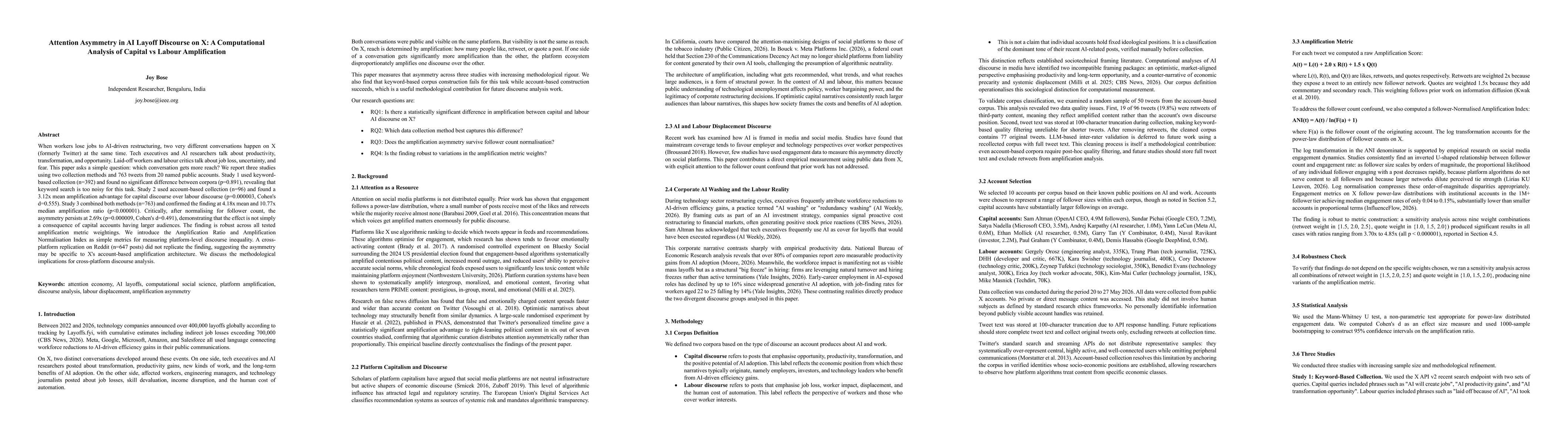 Thumbnail for Attention Asymmetry in AI Layoff Discourse on X: A Computational Analysis of Capital vs Labour Amplification