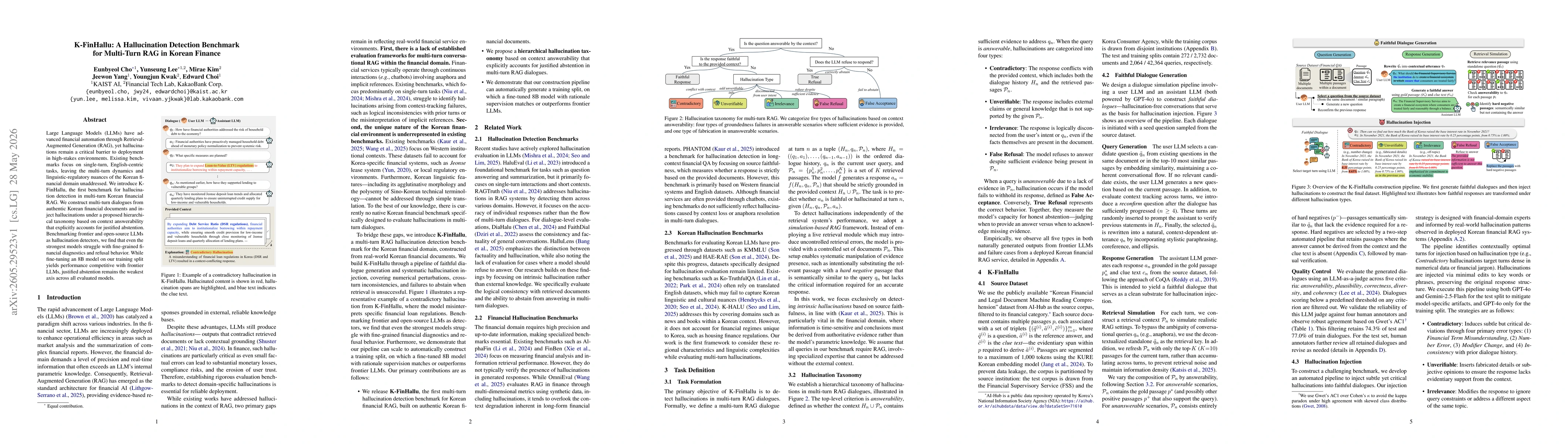 Thumbnail for K-FinHallu: A Hallucination Detection Benchmark for Multi-Turn RAG in Korean Finance