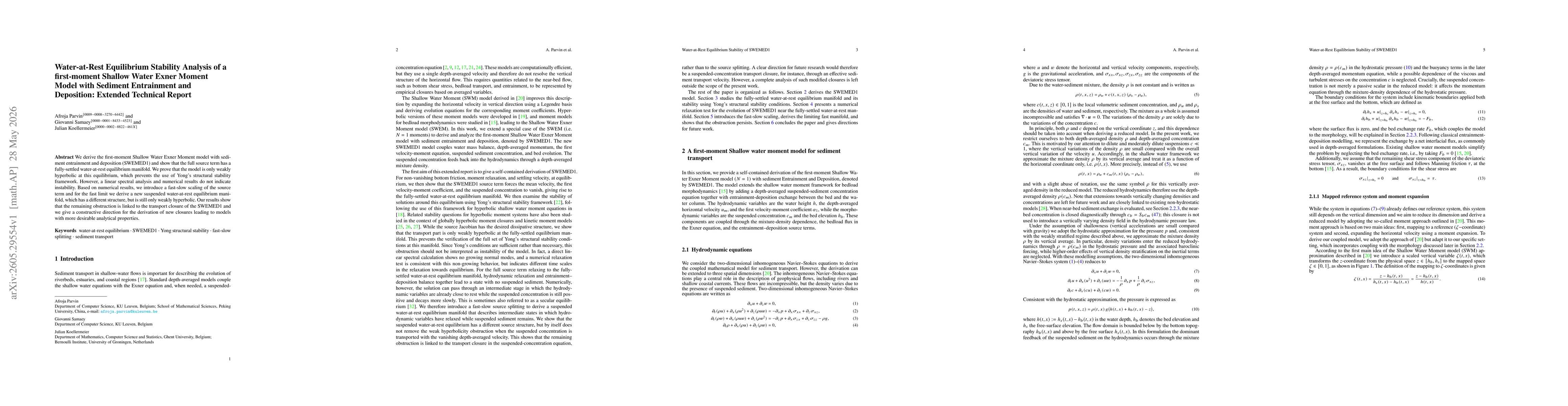 Thumbnail for Water-at-Rest Equilibrium Stability Analysis of a first-moment Shallow Water Exner Moment Model with Sediment Entrainment and Deposition: Extended Technical Report