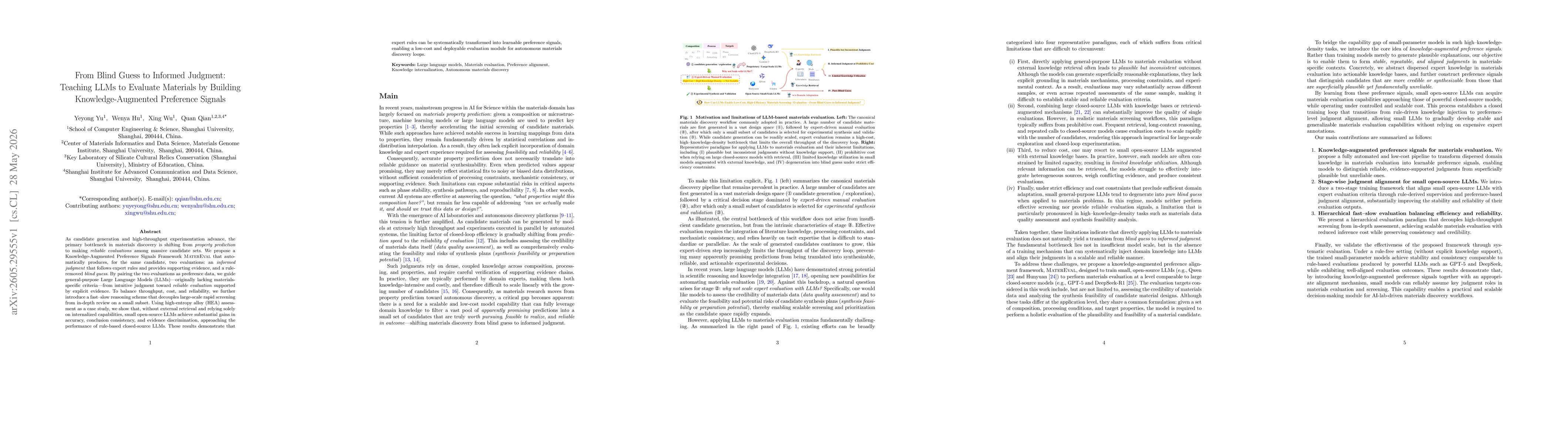 Thumbnail for From Blind Guess to Informed Judgment: Teaching LLMs to Evaluate Materials by Building Knowledge-Augmented Preference Signals