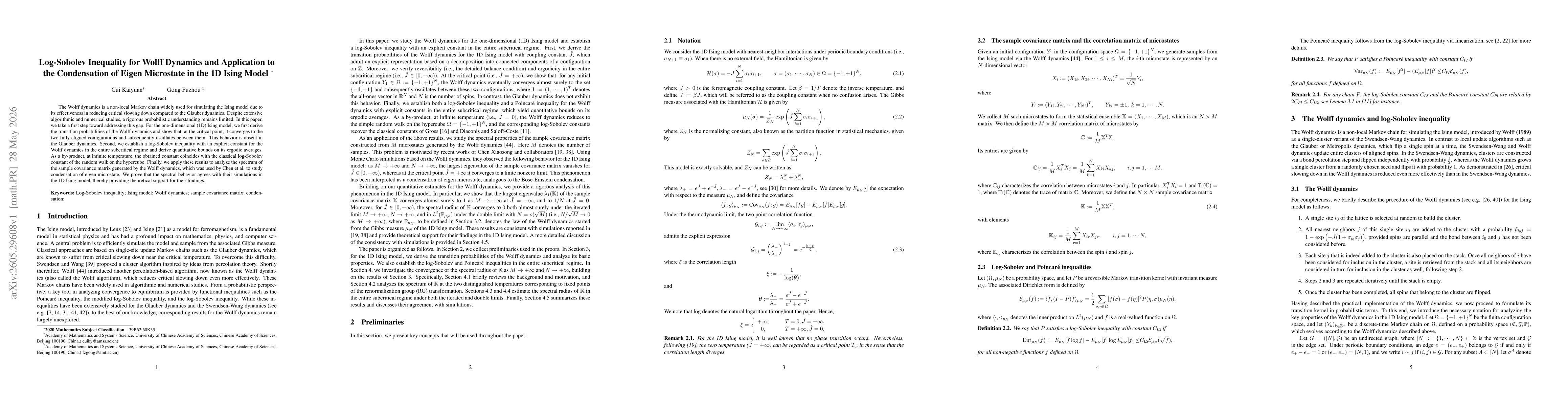 Thumbnail for Log-Sobolev Inequality for Wolff Dynamics and Application to the Condensation of Eigen Microstate in the 1D Ising Model