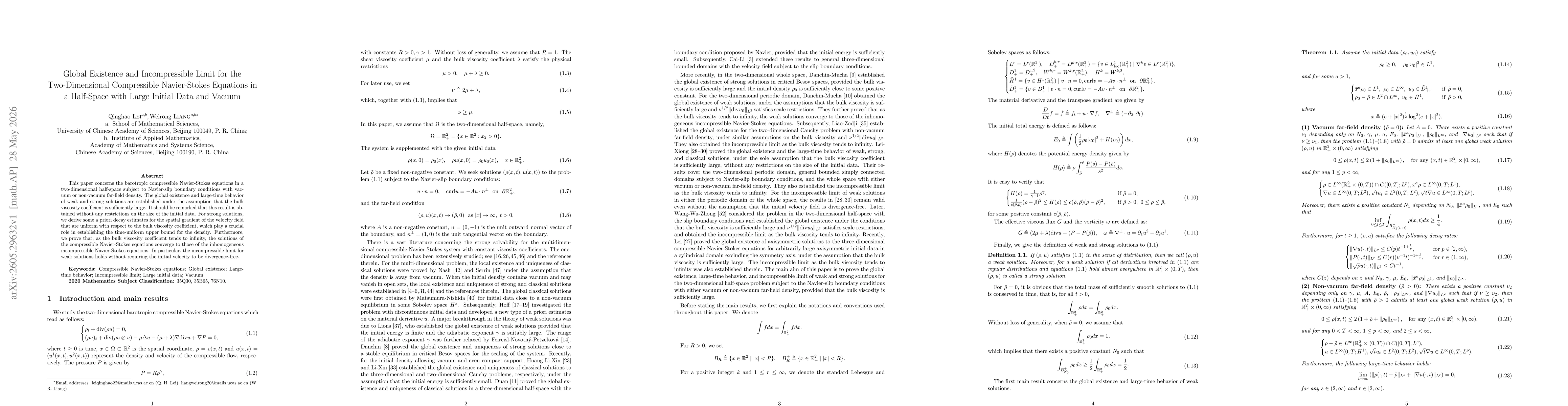 Thumbnail for Global Existence and Incompressible Limit for the Two-Dimensional Compressible Navier-Stokes Equations in a Half-Space with Large Initial Data and Vacuum