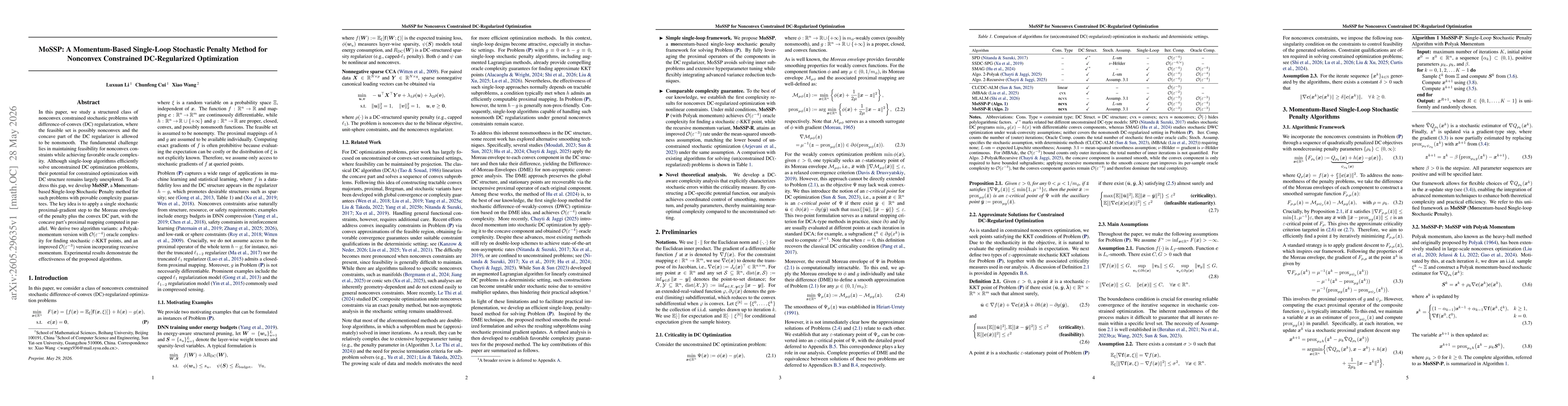 Thumbnail for MoSSP: A Momentum-Based Single-Loop Stochastic Penalty Method for Nonconvex Constrained DC-Regularized Optimization