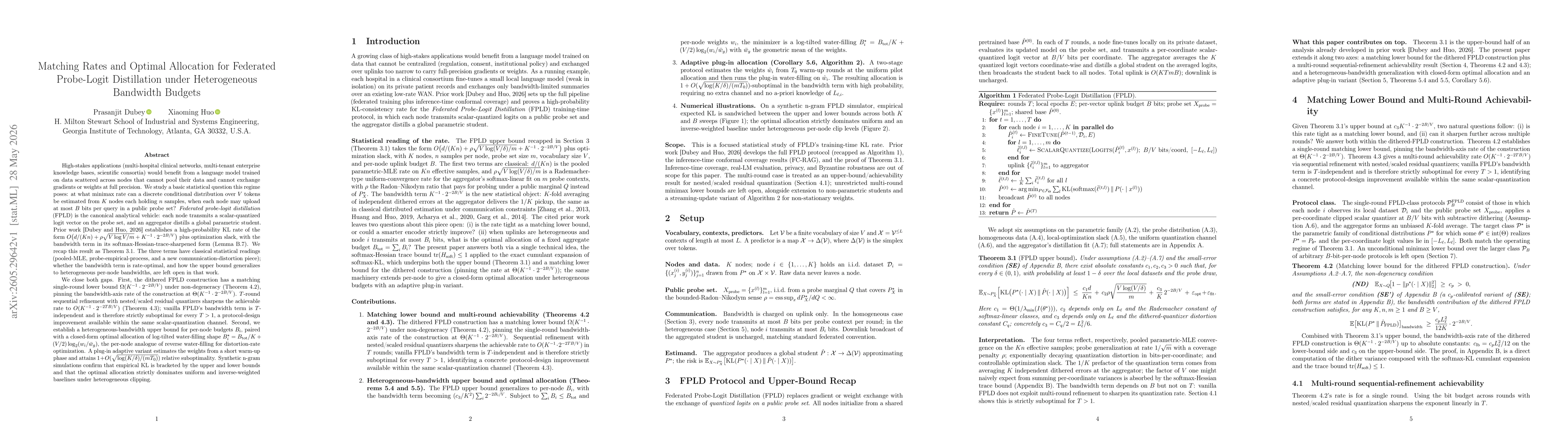 Thumbnail for Matching Rates and Optimal Allocation for Federated Probe-Logit Distillation under Heterogeneous Bandwidth Budgets
