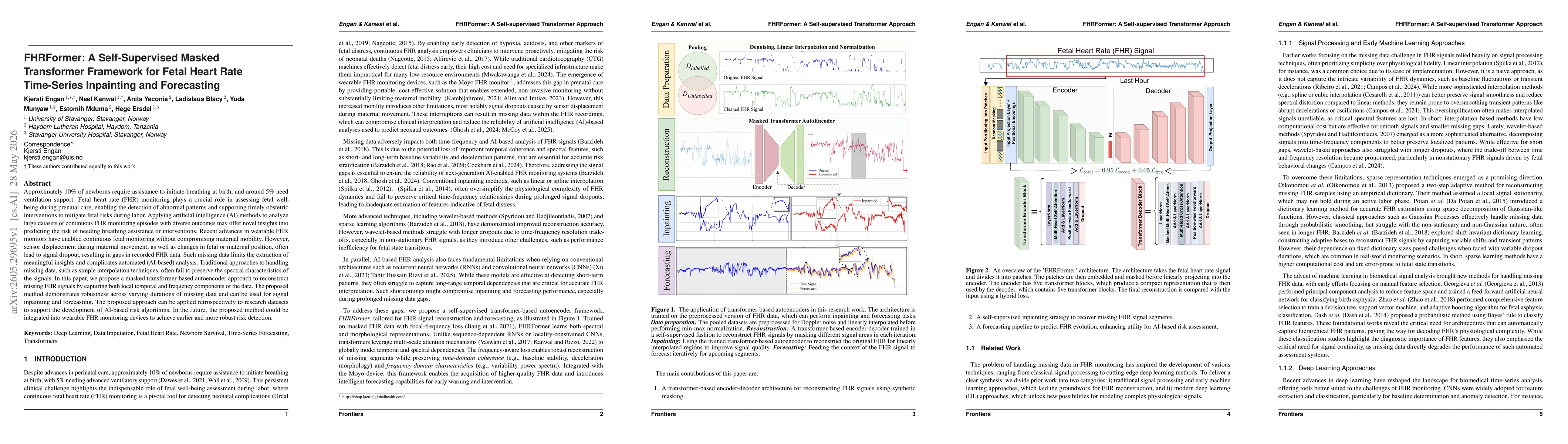 Thumbnail for FHRFormer: A Self-Supervised Masked Transformer Framework for Fetal Heart Rate Time-Series Inpainting and Forecasting
