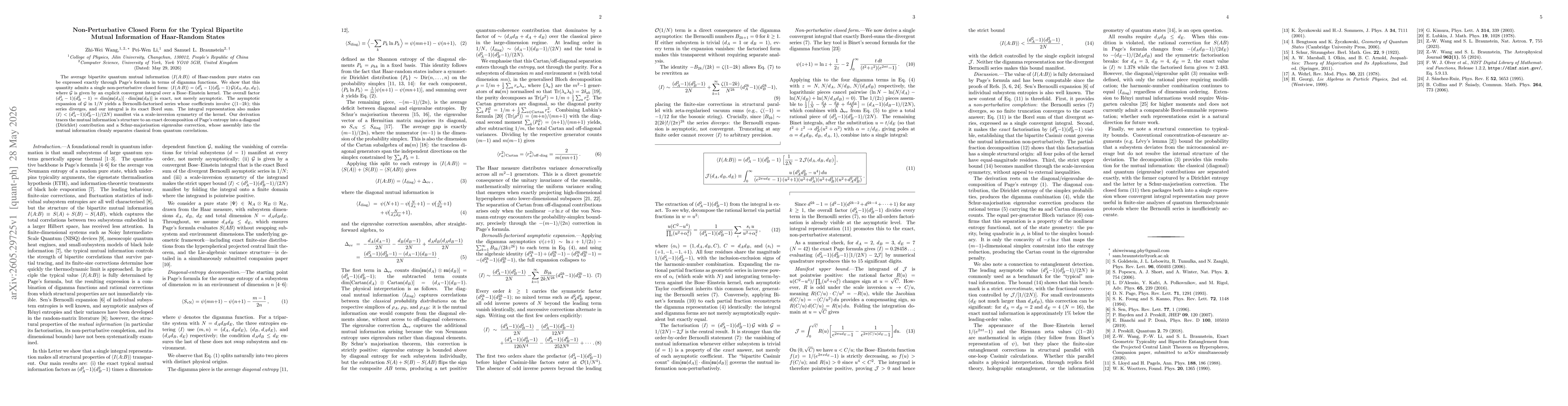 Thumbnail for Non-Perturbative Closed Form for the Typical Bipartite Mutual Information of Haar-Random States