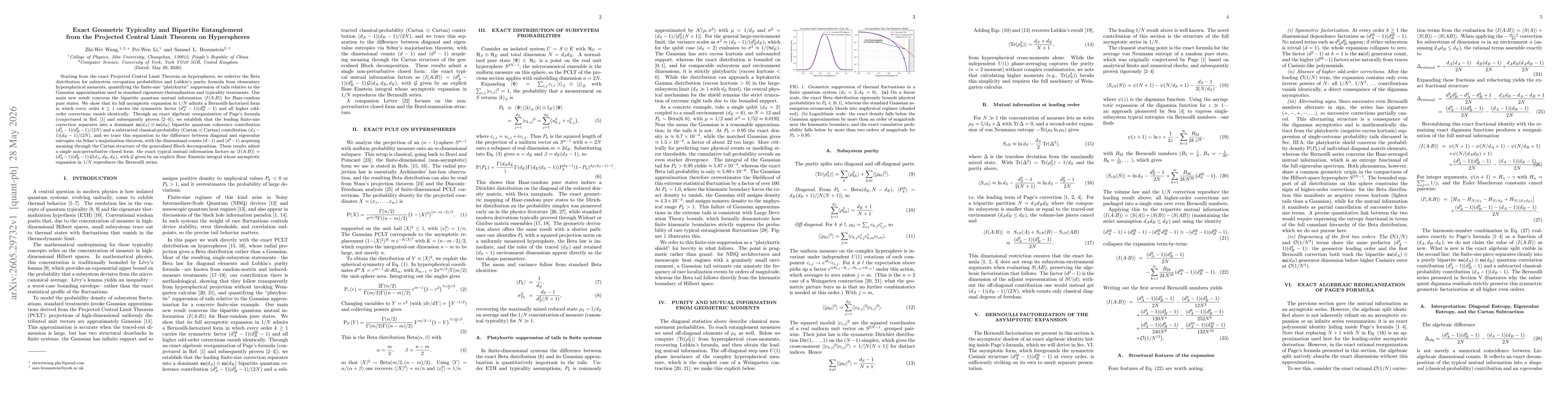 Thumbnail for Exact Geometric Typicality and Bipartite Entanglement from the Projected Central Limit Theorem on Hyperspheres