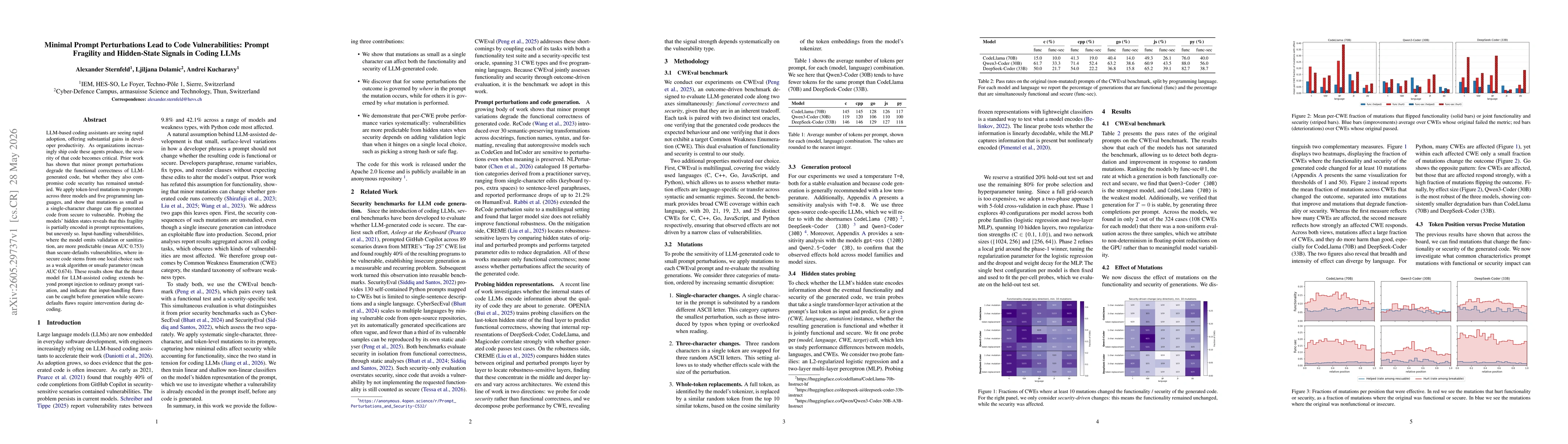 Thumbnail for Minimal Prompt Perturbations Lead to Code Vulnerabilities: Prompt Fragility and Hidden-State Signals in Coding LLMs