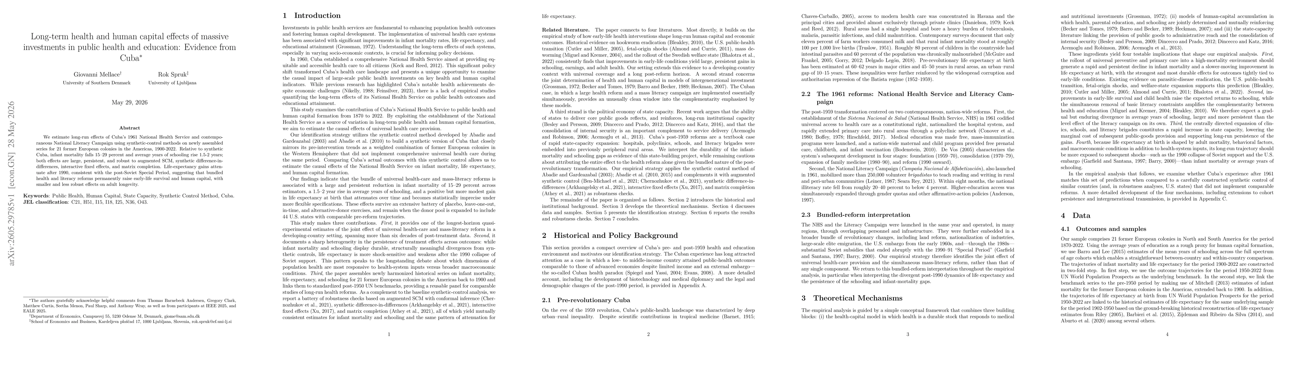 Thumbnail for Long-Term Health and Human Capital Effects of Universal Health Care and Mass Literacy: Evidence from Cuba