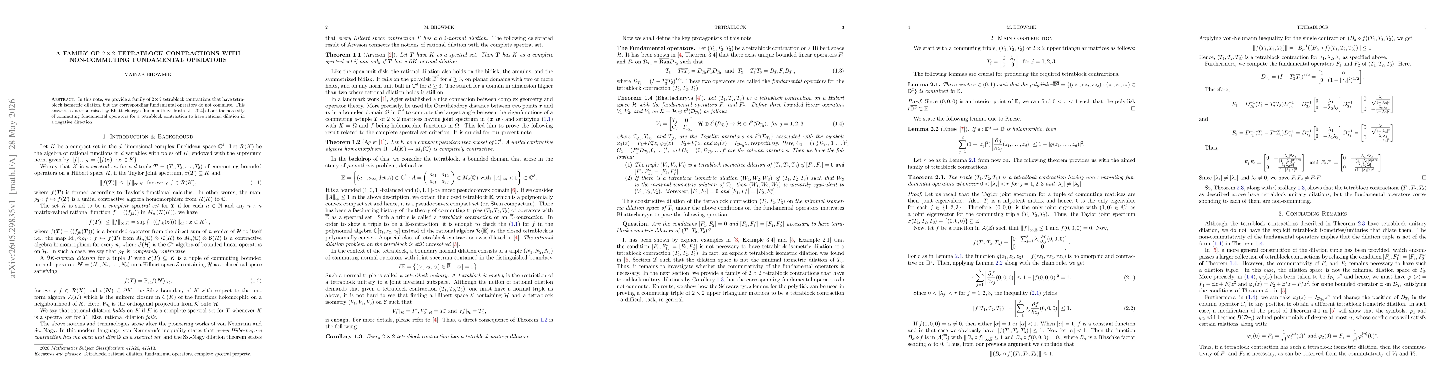 Thumbnail for A family of $2 \times 2$ tetrablock contractions with non-commuting fundamental operators