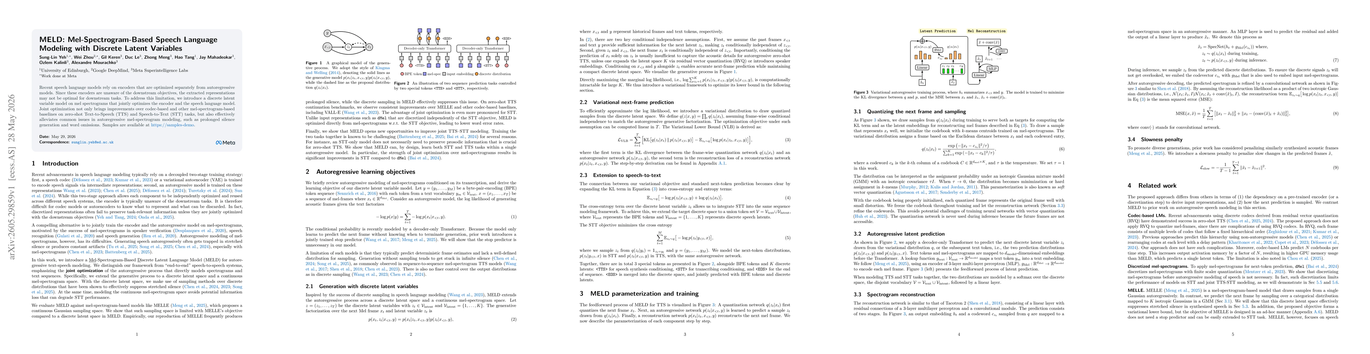 Thumbnail for MELD: Mel-Spectrogram-Based Speech Language Modeling with Discrete Latent Variables