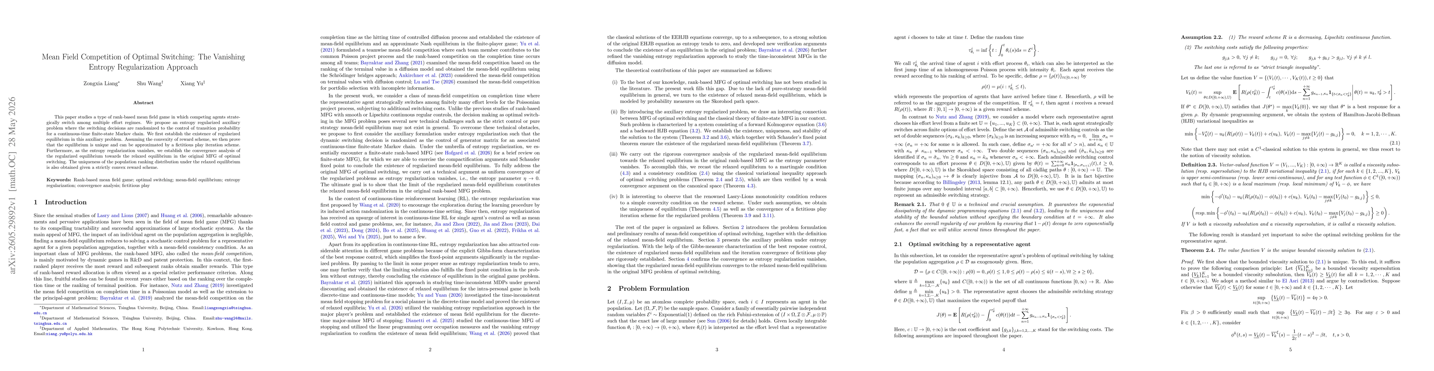 Thumbnail for Mean Field Competition of Optimal Switching: The Vanishing Entropy Regularization Approach