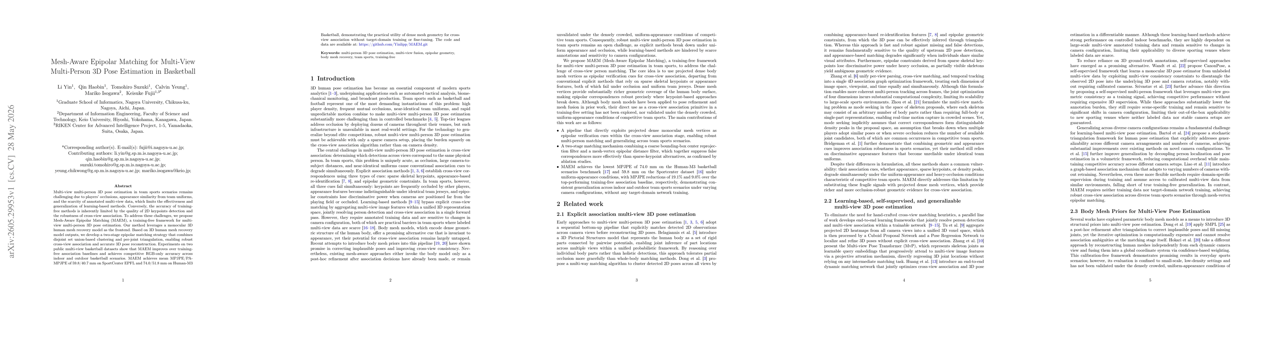 Thumbnail for Mesh-Aware Epipolar Matching for Multi-View Multi-Person 3D Pose Estimation in Basketball