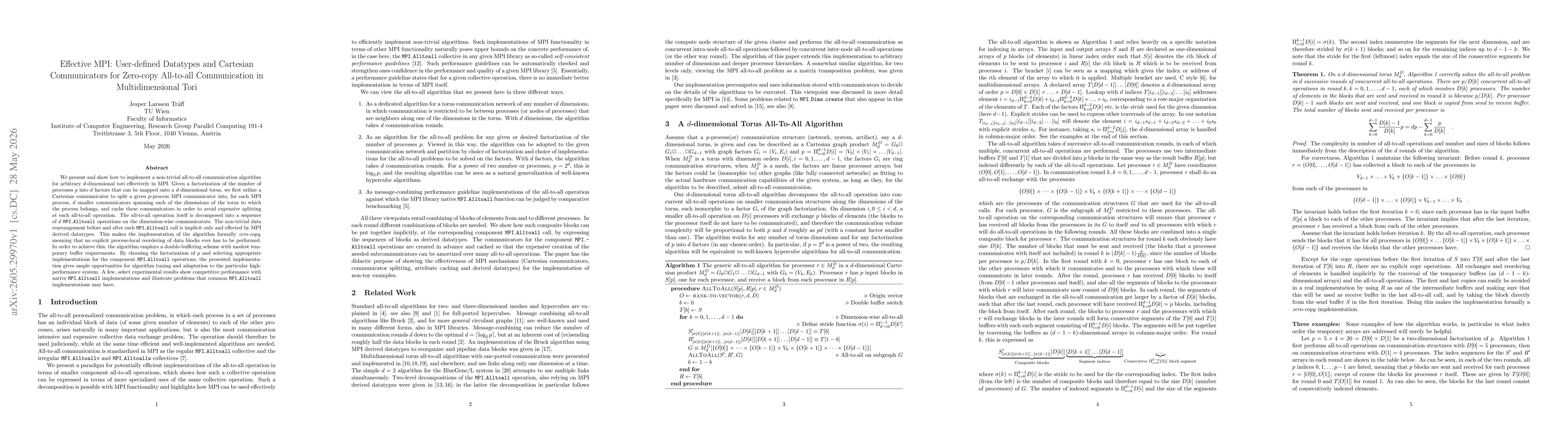 Thumbnail for Effective MPI: User-defined Datatypes and Cartesian Communicators for Zero-copy All-to-all Communication in Multidimensional Tori