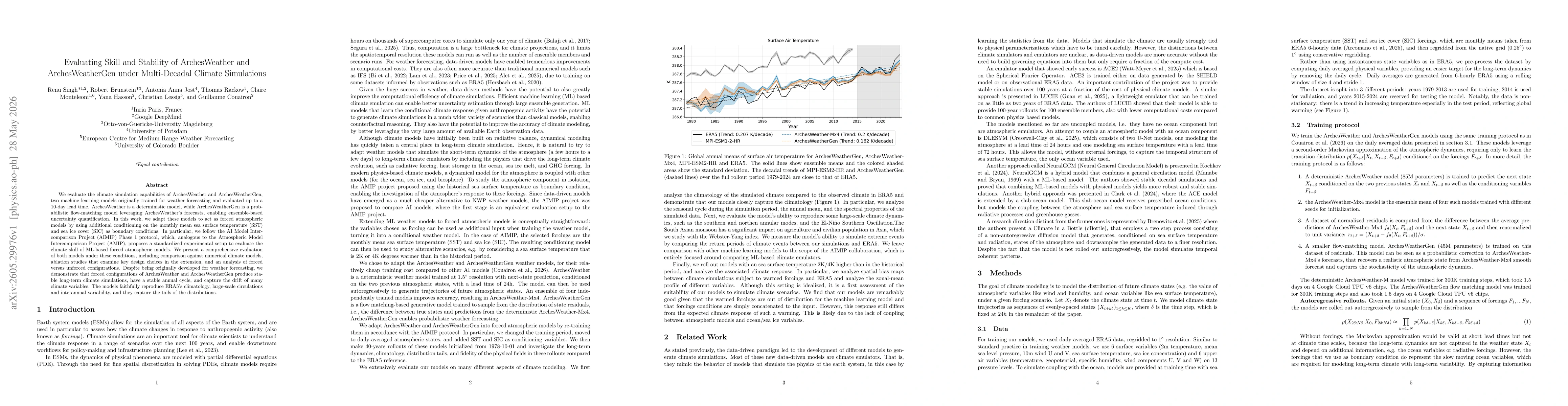 Thumbnail for Evaluating Skill and Stability of ArchesWeather and ArchesWeatherGen under Multi-Decadal Climate Simulations