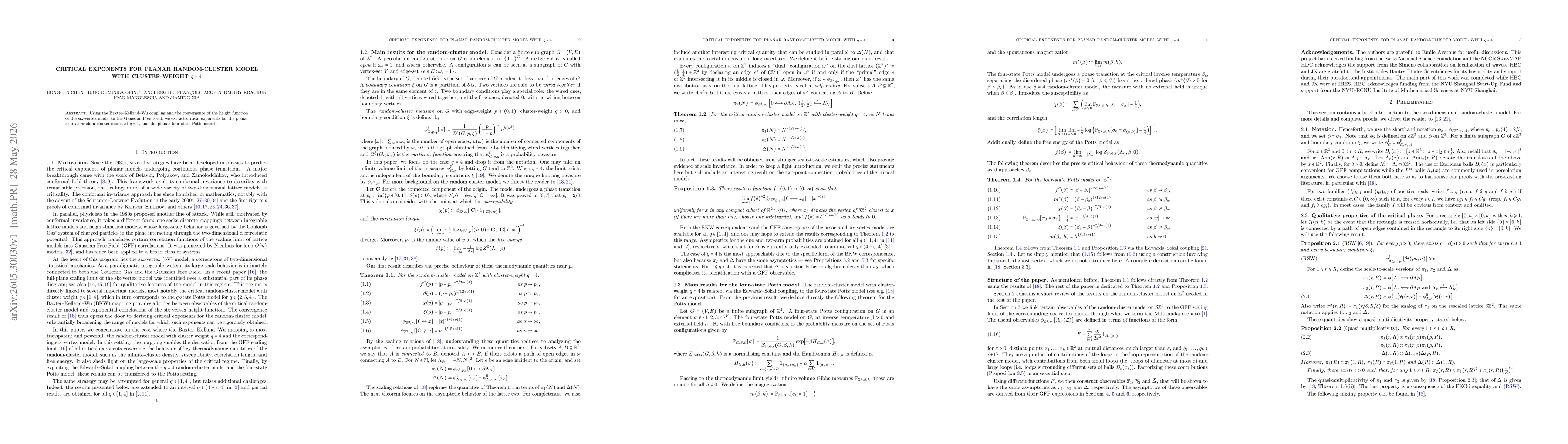 Thumbnail for Critical exponents for planar random-cluster model with cluster-weight $q=4$