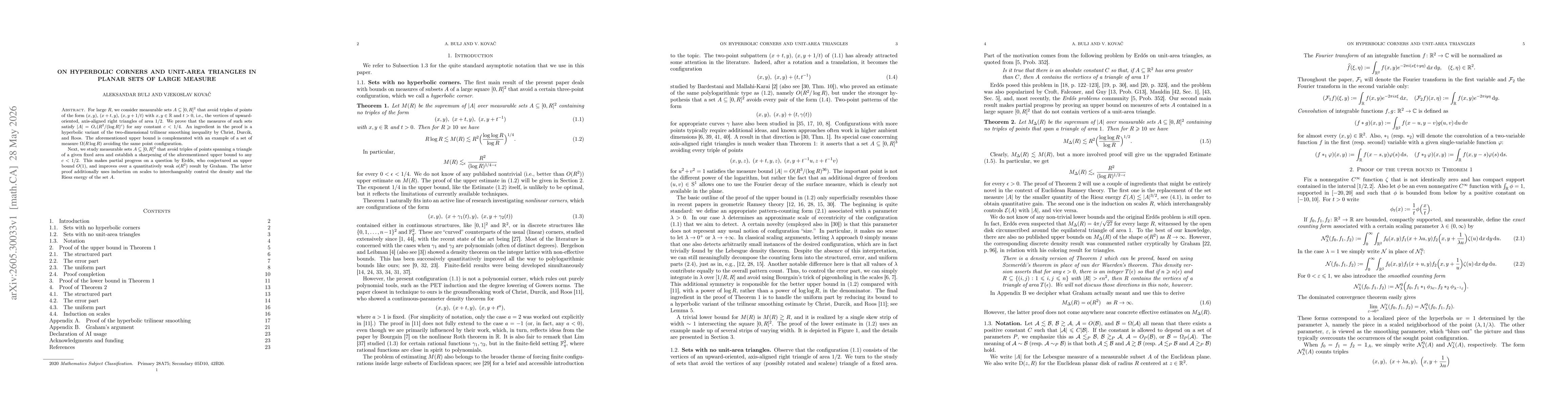 Thumbnail for On hyperbolic corners and unit-area triangles in planar sets of large measure