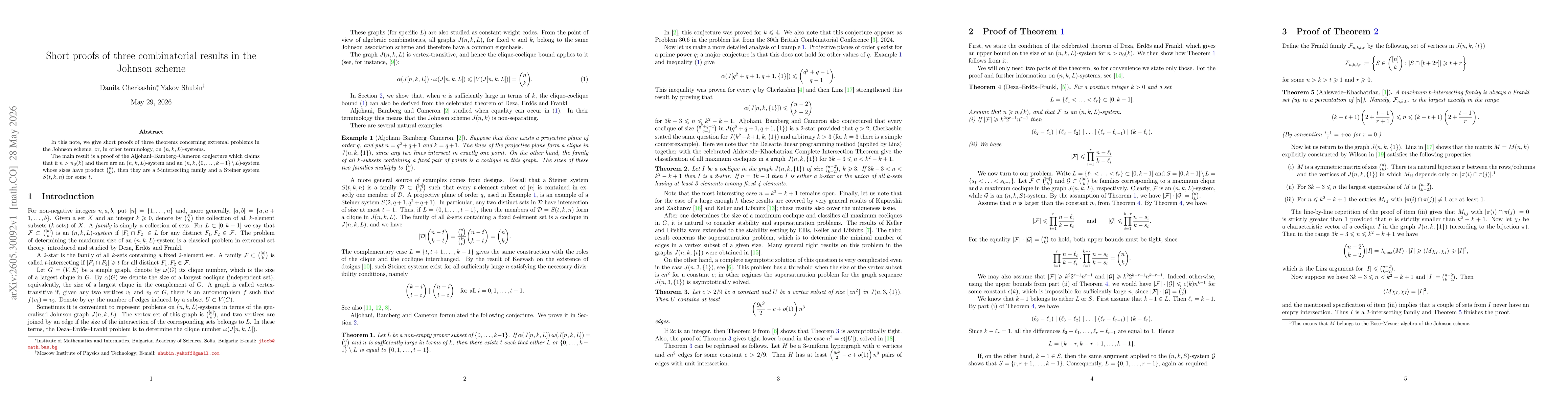 Thumbnail for Short proofs of three combinatorial results in the Johnson scheme