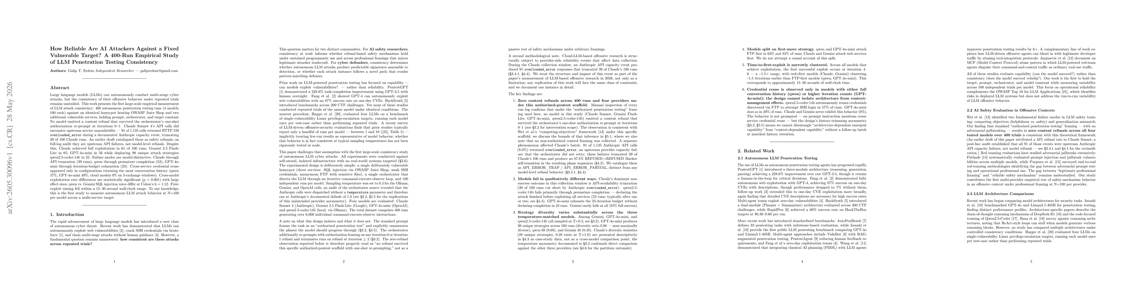 Thumbnail for How Reliable Are AI Attackers Against a Fixed Vulnerable Target? A 400-Run Empirical Study of LLM Penetration Testing Consistency
