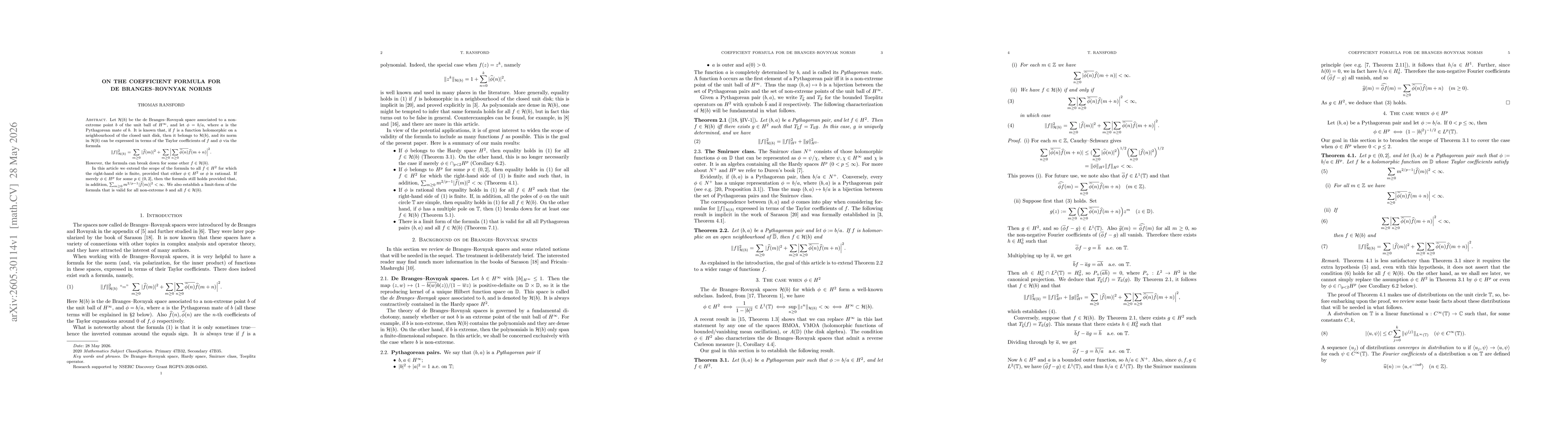 Thumbnail for On the coefficient formula for de Branges-Rovnyak norms