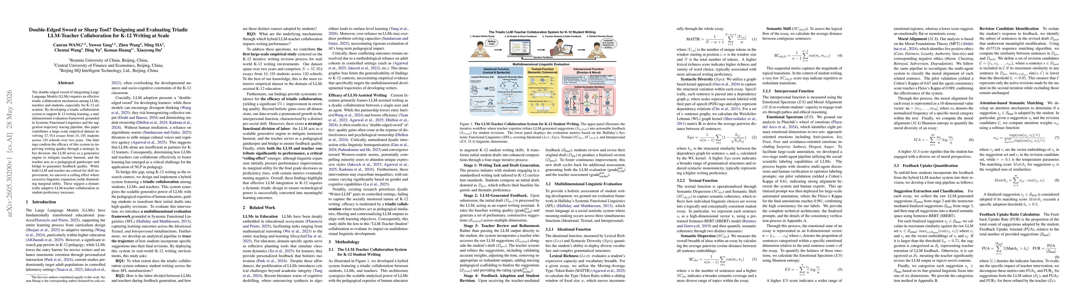 Thumbnail for Double-Edged Sword or Sharp Tool? Designing and Evaluating Triadic LLM-Teacher Collaboration for K-12 Writing at Scale