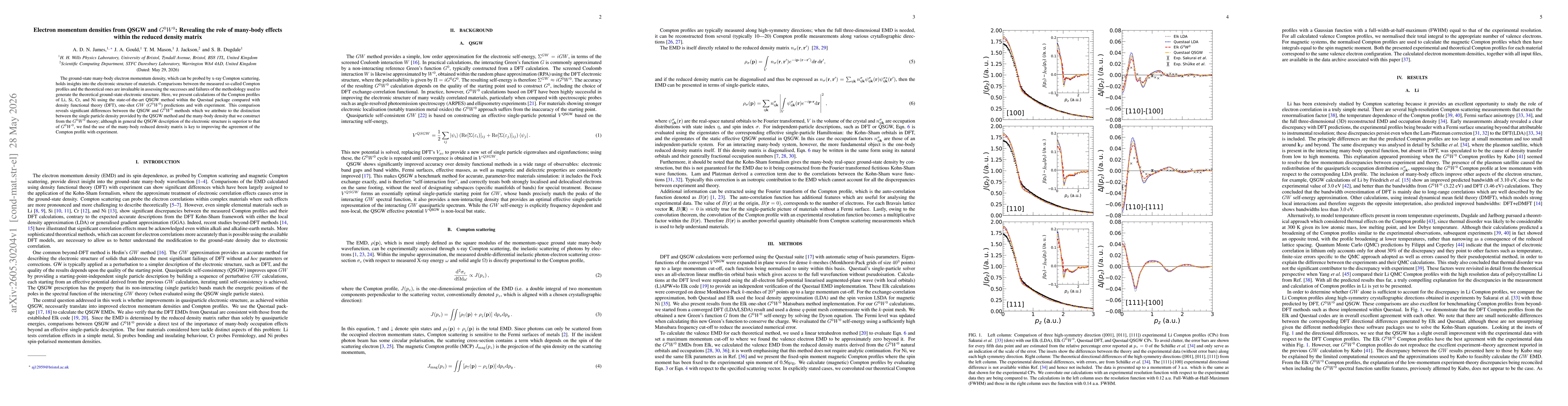 Thumbnail for Electron momentum densities from QSGW and $G^0W^0$: Revealing the role of many-body effects within the reduced density matrix